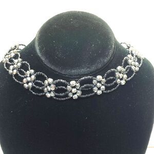 Beaded Seed Beads Silver and Charcoal Tone Choker Necklace 15 inches Long